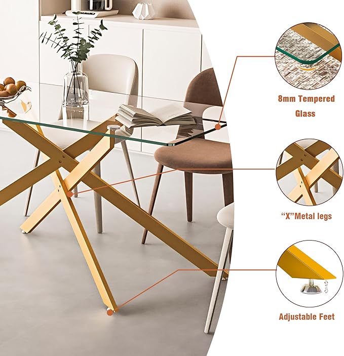 60" Rectangular Glass Dining Table Modern Kitchen Glass Top Table for 6 with Gold Metal Legs, Clear Dining Table Kitchen Table for Home Office Dining Room