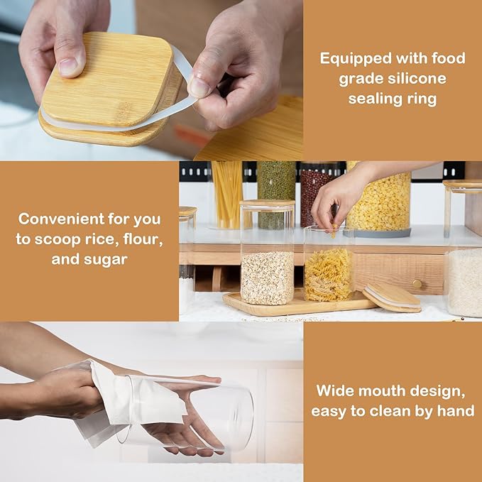 122oz 41oz Airtight Glass Square Storage Canister with Bamboo Lid Set of 2(3600ml*1 1200ml*1) Large Storage Container Gallon Glass Jars, for Sugar, Flour, and Coffee bean (with Black Lable)