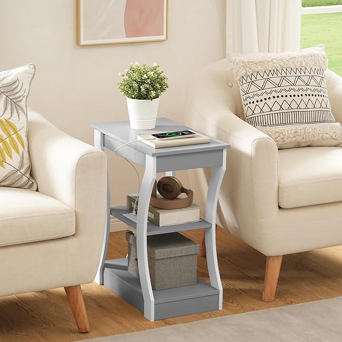 End Table with Charging Station, Set of 2, Side Table with USB Ports and Outlets, 3 Tier Nightstand with Storage Shelf for Small Spaces, Living Room, Bedroom, Grey ETSW53E01S2