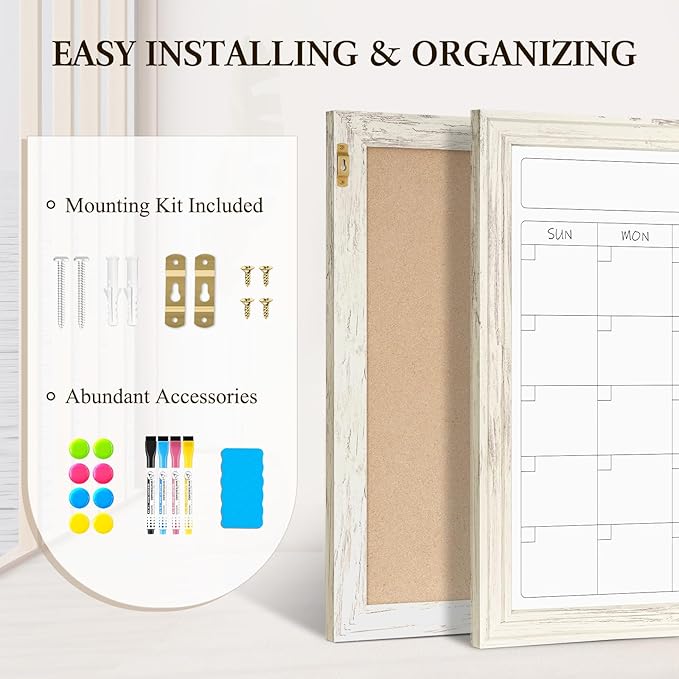 4 THOUGHT Whiteboard Calendar 24" x 18" Magnetic Dry Erase Board Wood Frame Wall-Mounted Monthly Planner White Board Decorative Notice Board for Office School Home, White Vintage