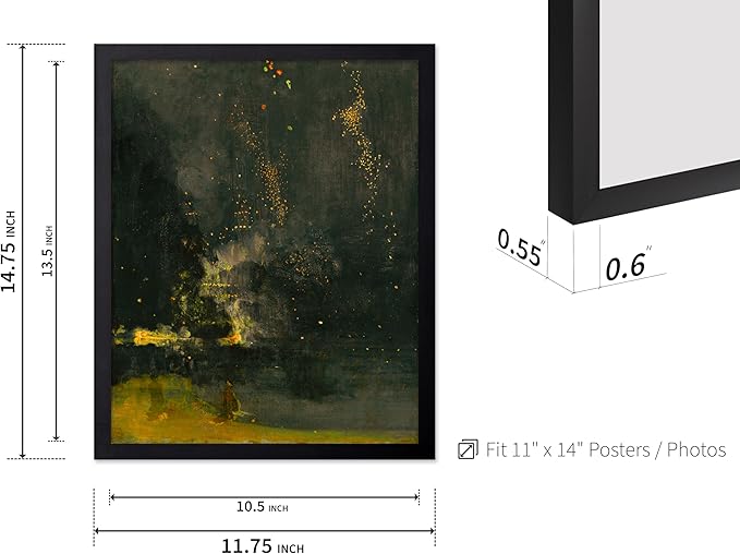 Poster Master Vintage Nocturne in Black and Gold Painting Poster - Retro The Falling Rocket Print - Abstract Art - Moody Art - Landscape Art - Office or Living Room Decor, 11x14 Black Framed
