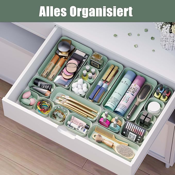 Plastic Drawer Organizers, 18 PCS Drawer Organizer Bins, Bathroom and Vanity Organizer Plastic Tray, Makeup organizer and storage for Makeup, Bedroom, Kitchen Gadgets Utensils and Office (Green)