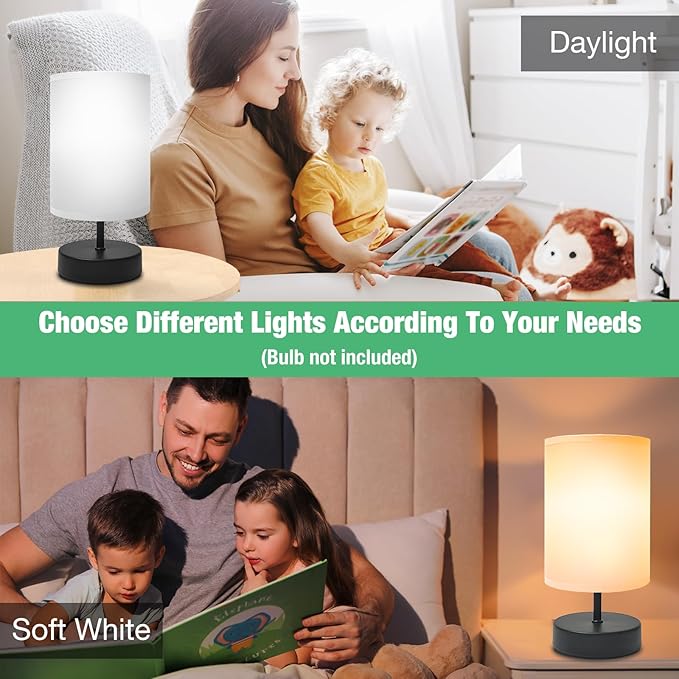 Small Lamp for Bedroom, Bedside Lamps for Night Stands, Mini Minimalist Table Lamp with Round Gray Fabric Shade, 9 Inch Desk Reading Lamp for Dorm Room Living Room Office Room, 2 Pack