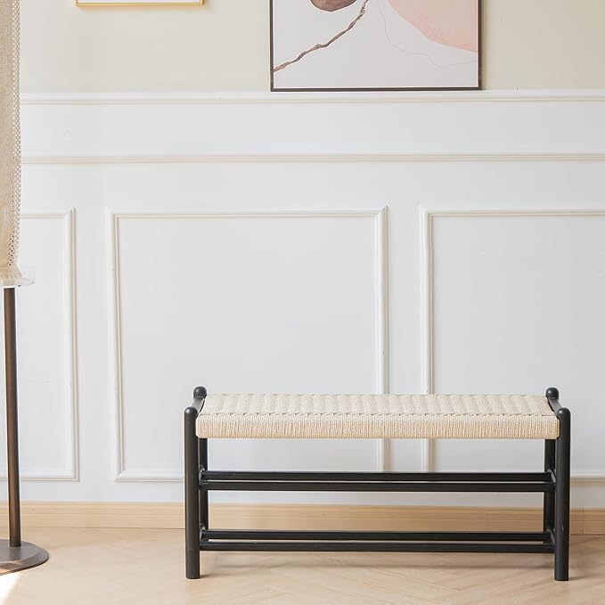 Solid Wood Entryway Bench with Shoe Storage, Rustic Oak Wood and Woven Design 31.5 Inch Long Seating for Living and Dining Rooms, 3-Tier Black