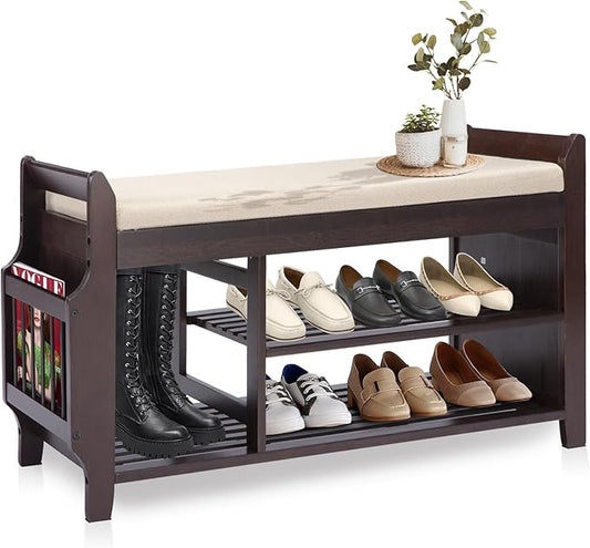 Bamboo Shoe Storage Bench, 3-Tier Shoe Rack with Padded Seat Cushion, Shoe Organizer Shelves for Entryway, Living Room, Bedroom, Hallway, White 39”