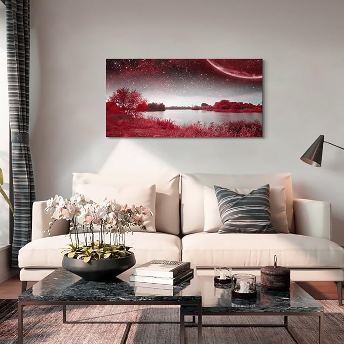 Print Artwork Wall Art Decor Poster for living room Red tree moon starry sky red landscape painting bathroom Wall Art for bedroom Canvas Prints Picture Works Ready to Hang Office Home decorations