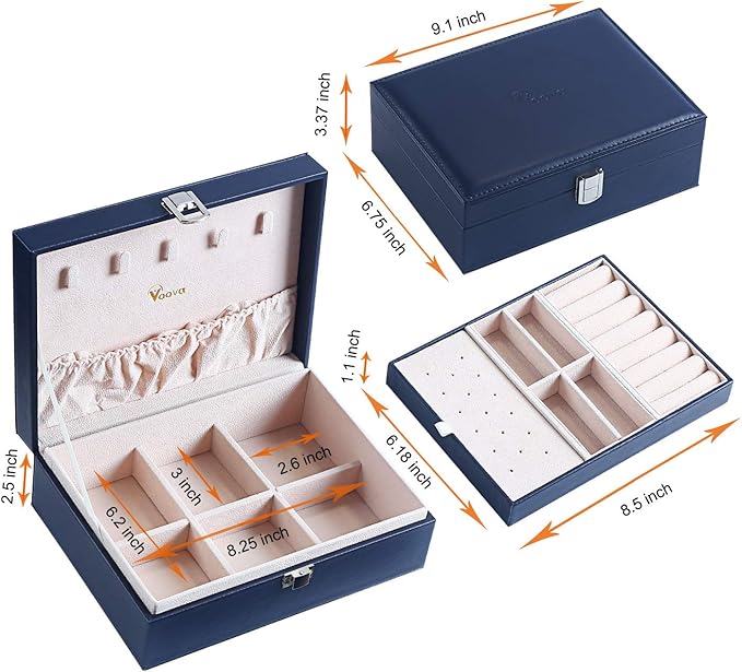 Voova Jewelry Box Organizer for Women Girls, 2 Layer Large Men Jewelry Storage Case,PU Leather Display Jewellery Holder with Removable Tray for Necklace Earrings Rings Bracelets，Vintage Gift，Navy Blue