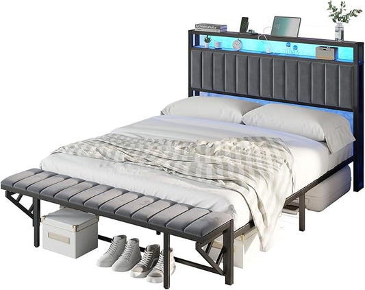 Full Bed Frame with LED Light and Charging Station, Velvet Upholstered Headboard with Storage Shelf, Heavy Duty Metal Slats/No Box Spring Needed/Easy Assembly, Grey