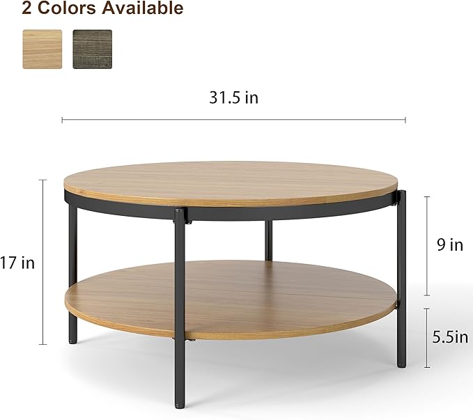 Manora Round Coffee Table with Storage Shelf, Rustic Wood Center Table with Black Metal Frame, Modern Circle Living Room Table for Small Spaces (Oak)