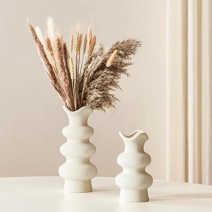 Modern Decorative White Ceramic Vases for Home Decor 8.3 Inch, Minimalist Boho Flower Aesthetic Cream Vases for Pampas Grass