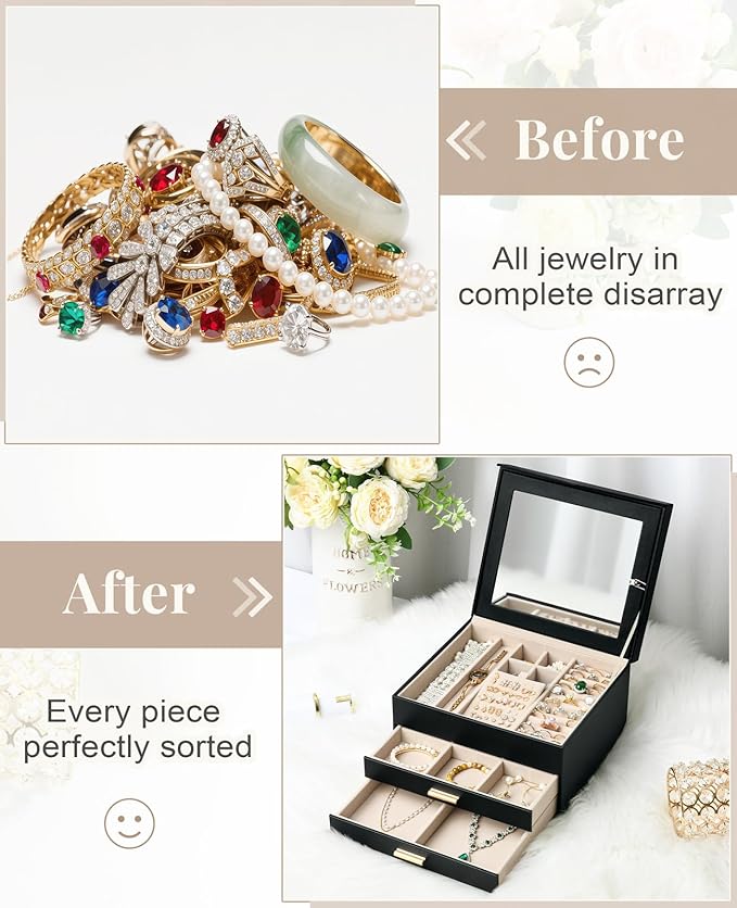 Amearea Jewelry Box Organizer for Women Girls with Mirror, 3-Layer Large Jewelry Storage Case, Synthetic Leather Jewelry Holder Organizer with Removable Tray for Necklaces Earrings Rings, Black