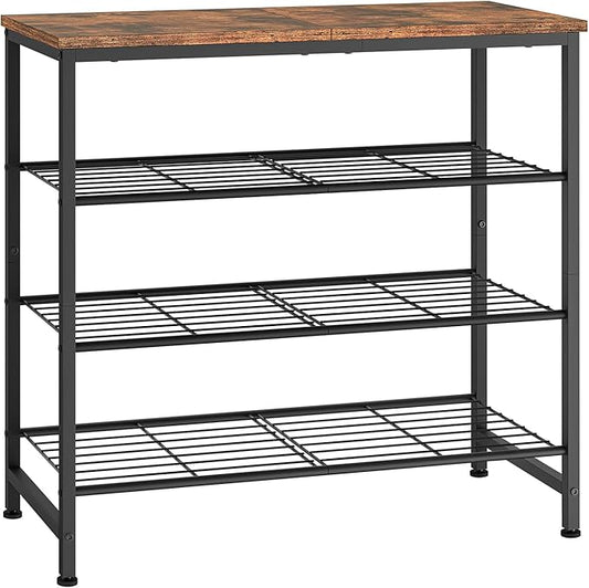 usikey 4-Tier Shoe Rack, Industrial Shoe Storage Organizer for 9-12 Pairs of Shoes, Metal Shoe Shelf with Wooden Top, Shoe Stand with 3 Metal Shelves for Entryway, Hallway, Closet, Rustic Brown