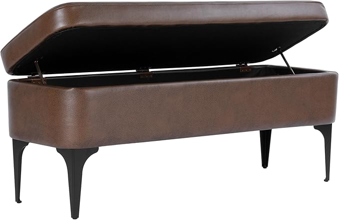 HomePop Upholstered Storage Bench with Metal Leg Home Décor|Bench with Storage for Living Room & Entryway - Brown Faux Leather