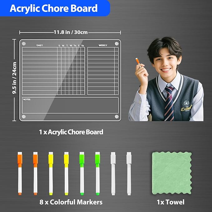 PigPotParty Magnetic Chore Chart for Adults & Teens & Kids on Fridge – 12"x9.5" Acrylic Dry Erase Chore Board with Daily, Weekly & Notes Sections – Includes 8 Fine Point Markers & Towel