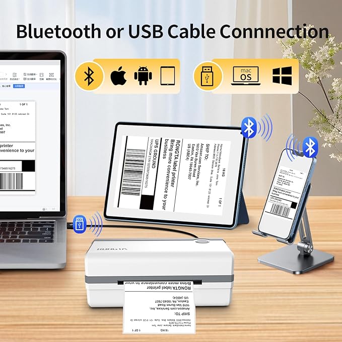 Rongta Bluetooth Thermal Shipping Label Printer, Wireless 4x6 Label Printer for Shipping Packages, Support Android, iPhone, Widely Used for Amazon, Ebay, Shopify, Etsy, USPS (Bluetooth+USB)