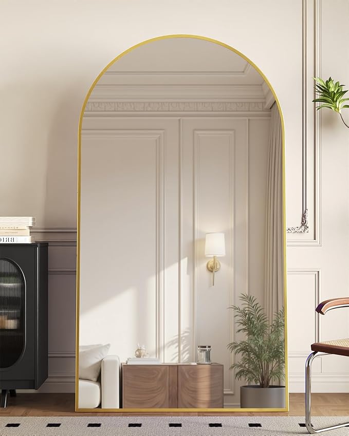 Full Length Mirror with Stand, 72"x44" Arched Full Body Mirror, Large Stand Up Aluminum Frame Floor Freestanding Hanging Leaning Mounted for Bedroom Living Room Entryway Gold
