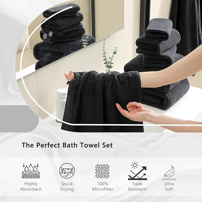 18 Piece Bath Towels Set,Super Soft Family Bathroom Towel Set with Hanging Loops-6 Bath Towels,6 Hand Towels,6 Washcloths,Highly Absorbent Quick Dry Shower Towel for Bathroom,Hotel,Spa-Black Towel Set