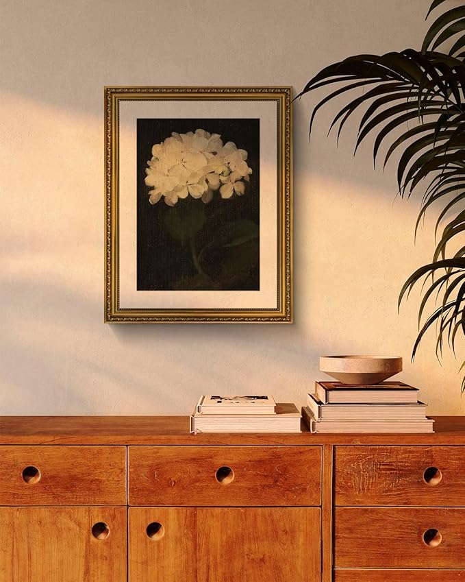 VIYYIEA Gold Framed Wall Art Canvas Print Home Decor Vintage Flower Art Aesthetic Room Decor White Hydrangea Oil Painting Canvas Prints Bedroom Bathroom Wall Decor Kitchen Office Floral Art 16x20in
