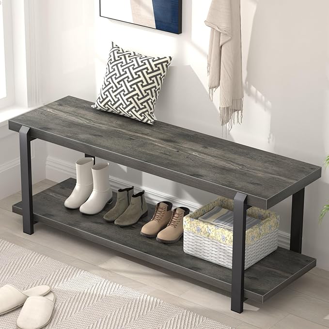 EXCEFUR Industrial Entryway Bench with Storage, Rustic Wood and Metal Shoe Rack Bench Seat, 47 Inch Grey