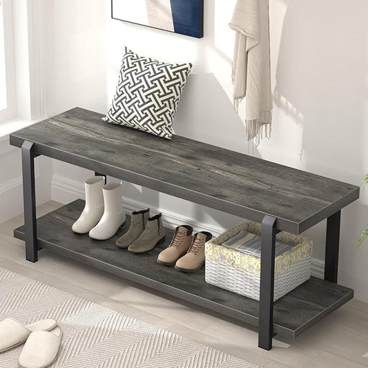 EXCEFUR Industrial Entryway Bench with Storage, Rustic Wood and Metal Shoe Rack Bench Seat, 47 Inch Grey