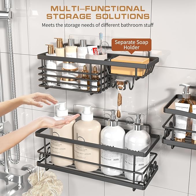 Shower Caddy, 3 Pack Large Capacity Bathroom Organizers and Storage, No Drilling Adhesive Rustproof Shelves with Soap Holder, Home Decor, Black