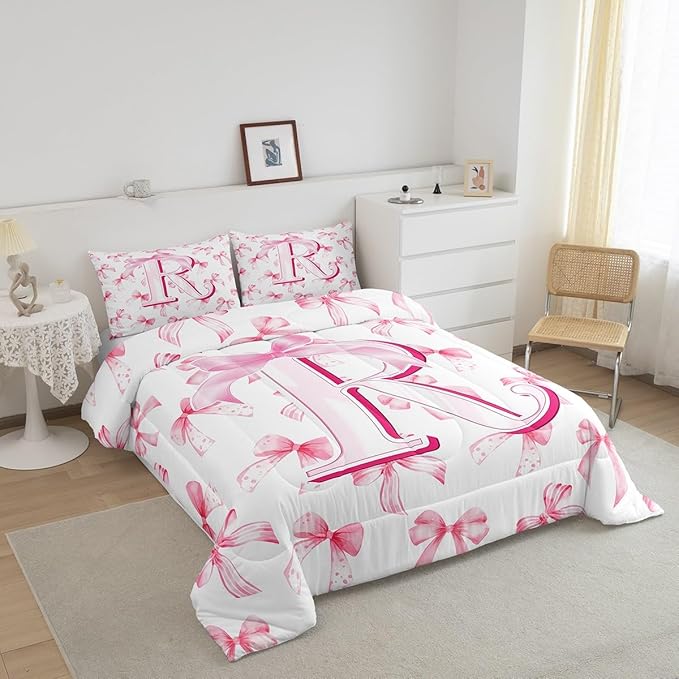 jejeloiu Kids Girls Cute Pink Bow Comforter Set Twin Size Monogrammed Bedding Set Ultra Soft Personalized Initial R Duvet Quilt Coquette Bow Knot Quilt Set Room Decor Modern Fashion Comforter