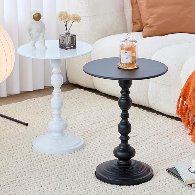 Elegant Vintage Round Side Table with Roman Columns - Sturdy Metal Design, Perfect as a Coffee, End, Tea, or Leisure Table for Living Room and Bedroom Decor, (Black+White 1pack)