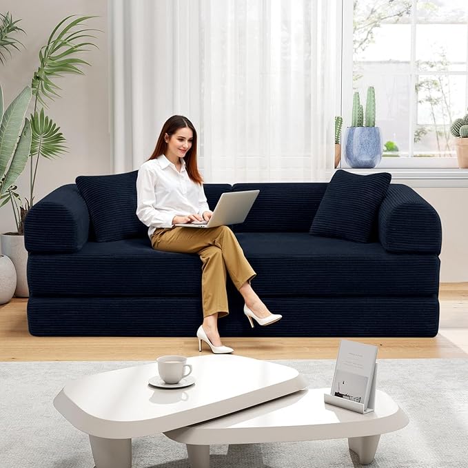 Rovibek 4-in-1 Convertible Sleeper Sofa Bed Queen Size, Foldable Floor Couch Corduroy, Folding Futon Sofa Beds with Pillow and Fixed-Shape Frame, Suitable for Living Room, Bedroom, Lounge, Dark Blue