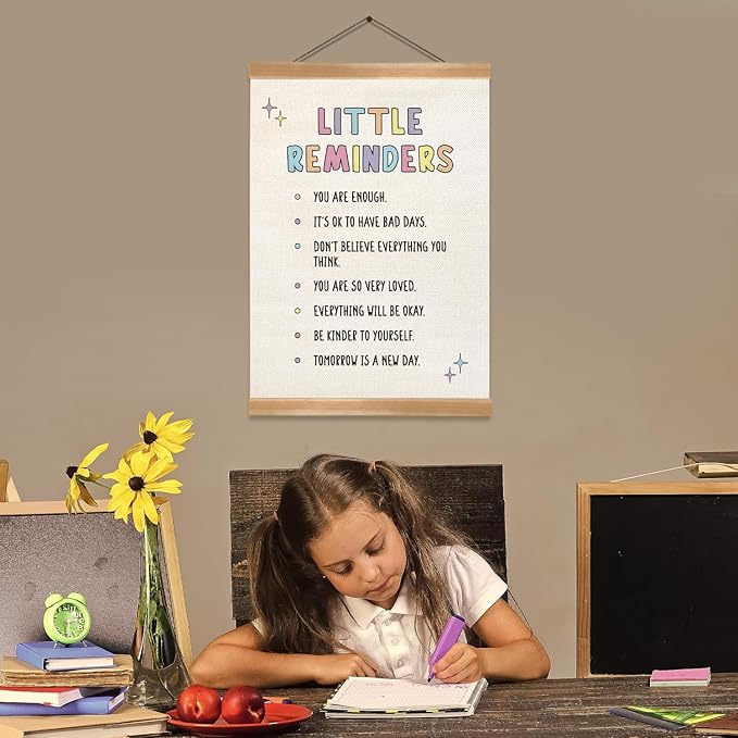 ZTGDA Little Reminders Mental Health Wall Art – Positive Affirmations Poster with Wooden Hanger, Motivational Canvas Sign for Kids Room, Therapy Office, or Classroom Decor, 12x16 Inches (Reminders)