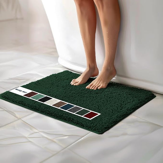 Muddy Mat Chenille Bathroom Rugs Quick Dry Microfiber Mats Non Slip Washable, Extra Thick, Soft and Highly Absorbent Bath Mats for Bathroom, Kitchen, and Shower Floor - Dark Green Medium 30"X19"