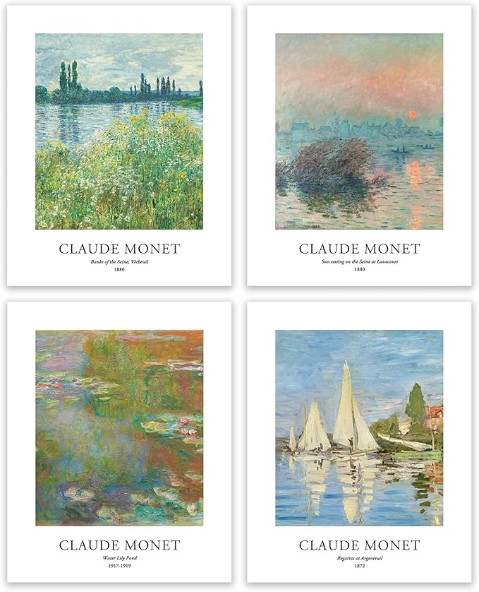 EVOLE HOME Claude Monet Art Prints, Set of 4 Wall Art, Unframed 8x10 Art Prints, Giclée Prints, Impressionism Art Poster for Home Decor, Office Wall Decor, Gift for Men, Women