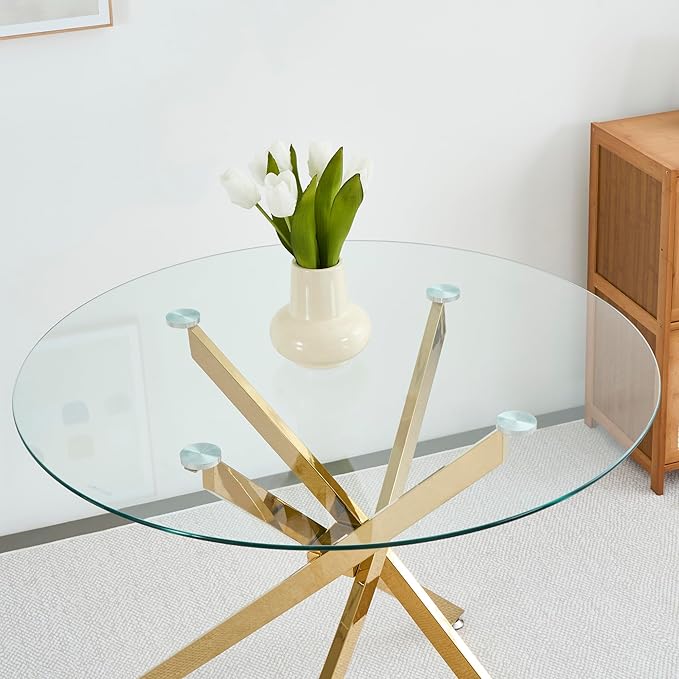 Goujxcy 5 Pieces Round Dining Table Set for 4, Modern Gold Glass Kitchen Table and Chairs for 4 with Upholstered Chairs, Circle Coffee Dining Table Set for Small Space,Apartment,Office