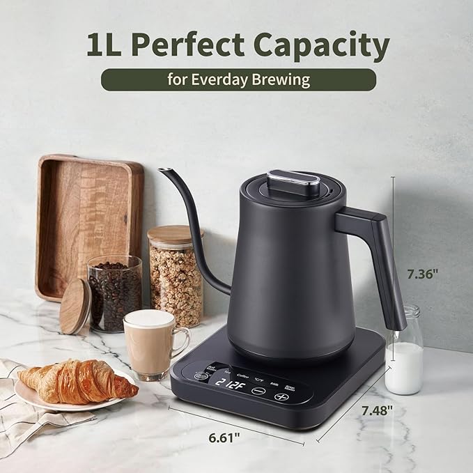 CTT Gooseneck Electric Kettle with Temperature Control, 1L Pour Over Kettle for Coffee/Tea, Hot Water Boiler Kettle Electric, Keep Warm 12 Hours, 316 Stainless Steel Inner, 1000W, Black