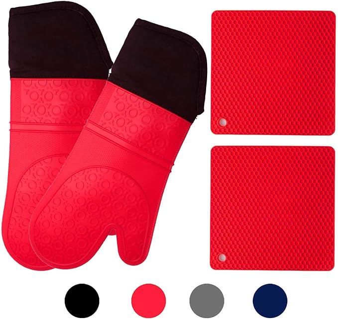 Homwe Silicone Oven Mitts and Potholders (4-Piece Sets) Heavy Duty Cooking Gloves, Kitchen Counter Safe Trivet Mats | Advanced Heat Resistant, Non-Slip Textured Grip Pot Holders(Red)