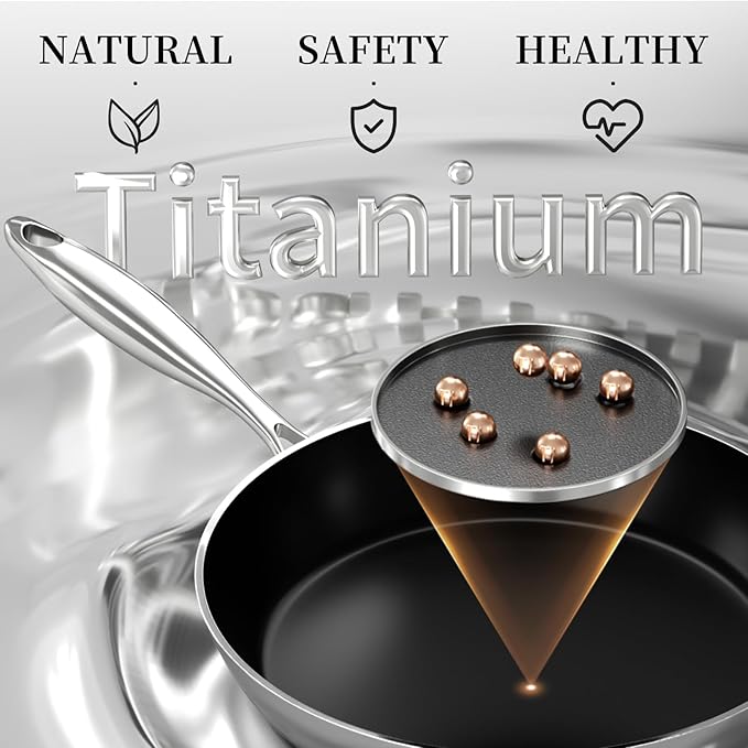 Stainless Steel Frying Pan with Lid 12 inch Titanium Ceramic Nonstick Frying Pan,Skillet with Stay-Cool Handle Non Toxic Healthy Ceramics Egg Pans,PFAS PFOA PTFE Free,Suitable for All Stove