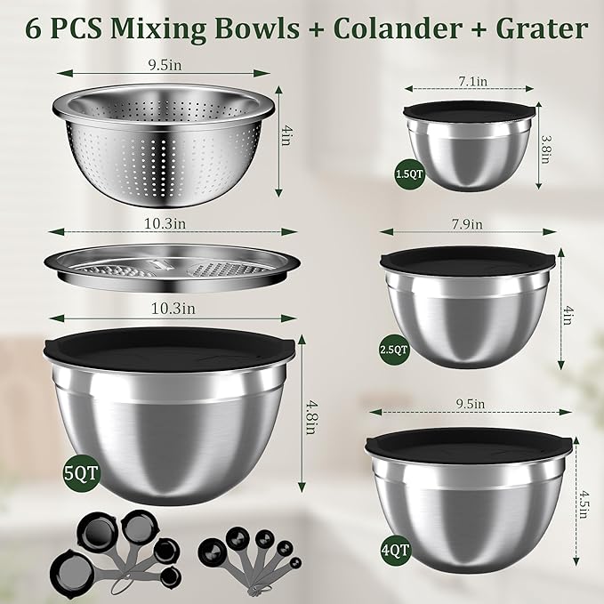Mixing Bowls with Lids Set, 16PCS Stainless Steel Mixing Bowls,Nesting Storage Bowls for Kitchen with Mixing Bowl, Colander, Strainer & Grater, Metal Salad Bowl for Kitchen Gadgets, Black