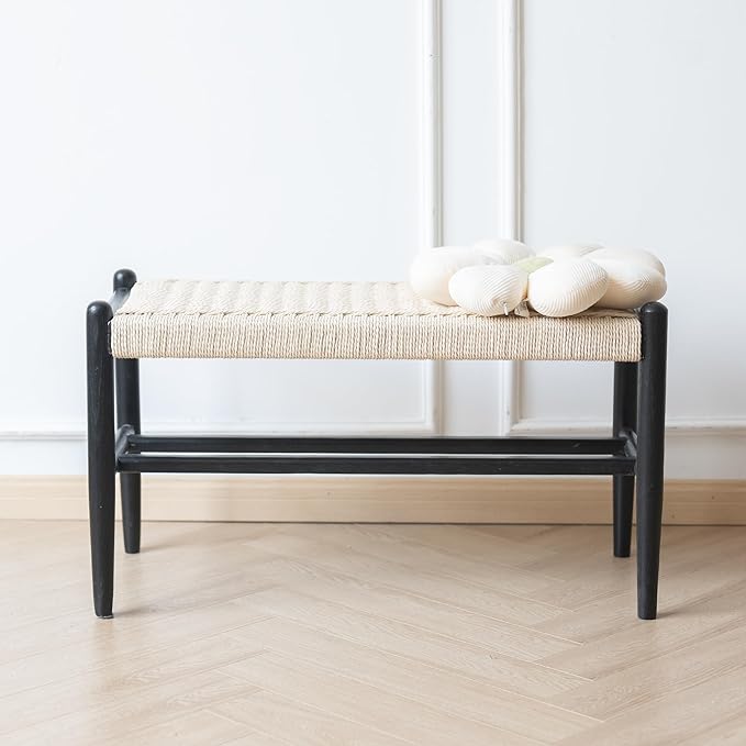 Solid Wood Entryway Bench with Shoe Storage, Rustic Oak Wood and Woven Design 31.5 Inch Long Seating for Living and Dining Rooms,Black