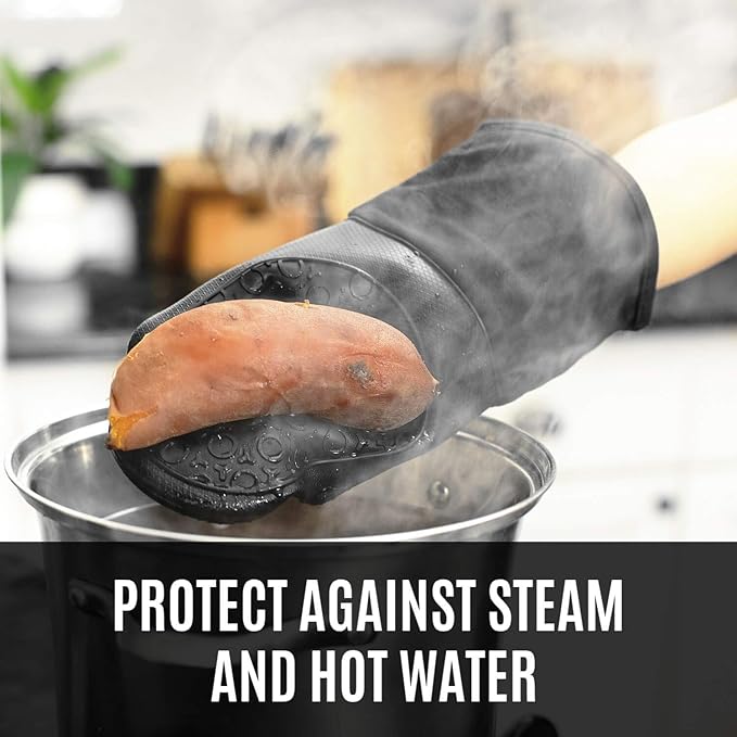 HOMWE Silicone Oven Mitts and Pot Holders, 4-Piece Set, Heavy Duty Cooking Gloves, Kitchen Counter Safe Trivet Mats, Advanced Heat Resistance, Non-Slip Textured Grip, Gray