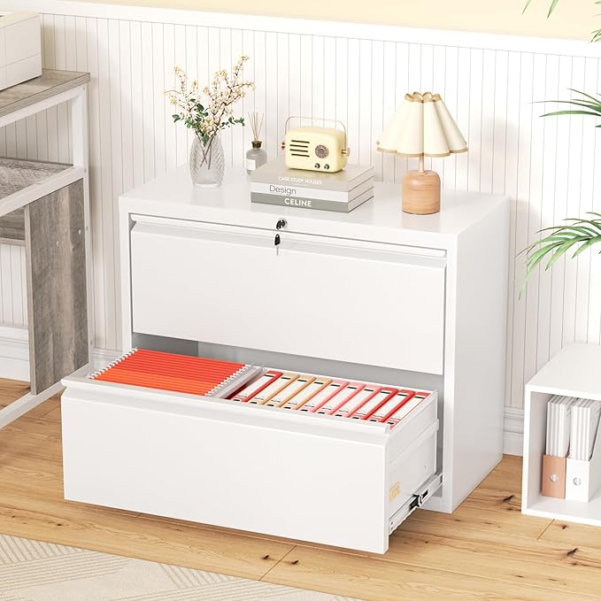 Greenvelly Lateral File Cabinet 2 Drawer, Lockable Metal Filing Cabinet for Home Office, White Metal File Cabinet with Lock for Legal/Letter/A4/F4 Size with Hanging Bars&Key
