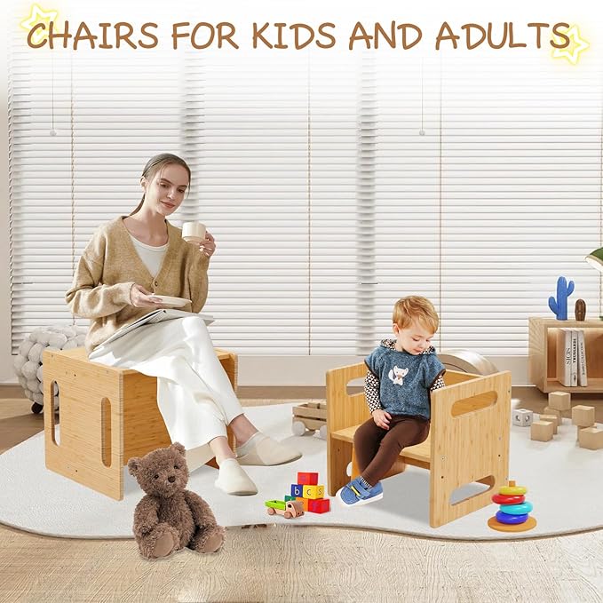 Montessori Table and Chair Set,Bamboo Wood Weaning Table and Chair Set,Adjustable Height Kids Montessori Furniture for Reading,Dining,Playing(Big Size)