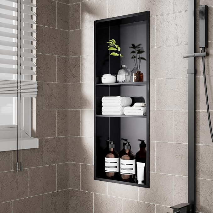 POPFLY 12"x30"x4" Dark Grey Shower Niche, 3 Layer Stainless Steel Recessed Shelf, No Tile Needed Recessed Storage Wall Niche for Bathroom/Laundry Room