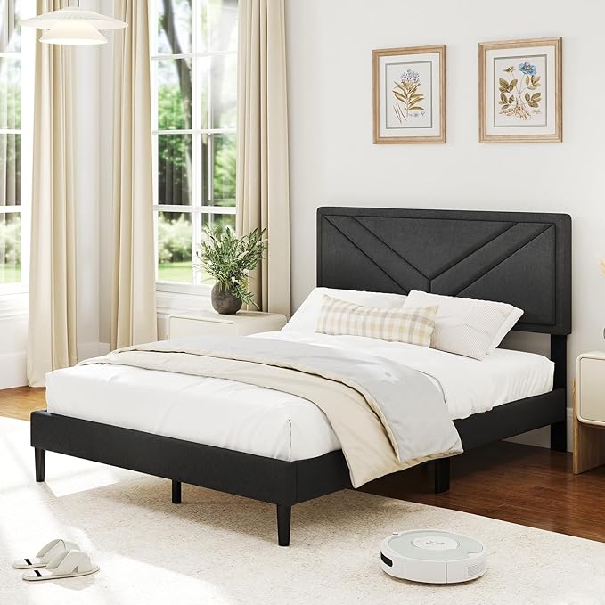 Giantex Full Size Platform Bed Frame, Modern Upholstered Bed Frame with Diagonal Channel Tufting, Wooden Slats Support, No Box Spring Needed, Gray