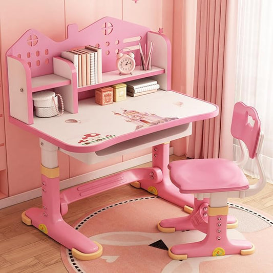 Kids Desk and Chair Set, Height Adjustable Kids Study Table and Chair Set, Children School Desk with Storage Drawer and Book Stand, Ergonomic Child Toddler Deskwith Sitting Posture Corrector (Pink 1)