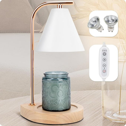 Candle Warmer Lamp with Retro Wooden Base - Home Decor Wax Melt for Small and Large Jar Candles, Candle Heater Lamp with 2 Bulbs, Dimmer and Timer Function-White