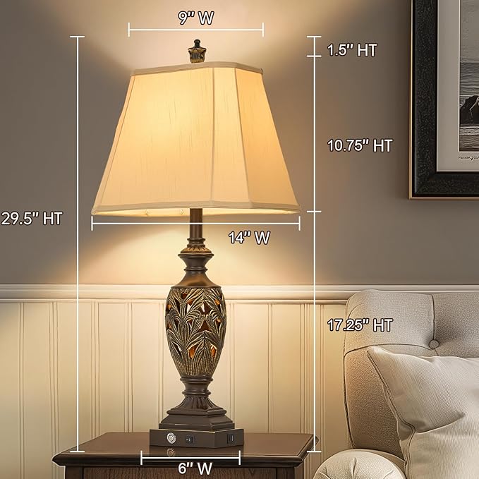 29.5"H Touch Traditional Table Lamp Set of 2,Vintage Bedside Nightstand Lamps with Dual USB and Night Light, 3-Color Hollow Out Leafwork Bronze Gold Finish Desk Lamps for Living Room,Bedroom