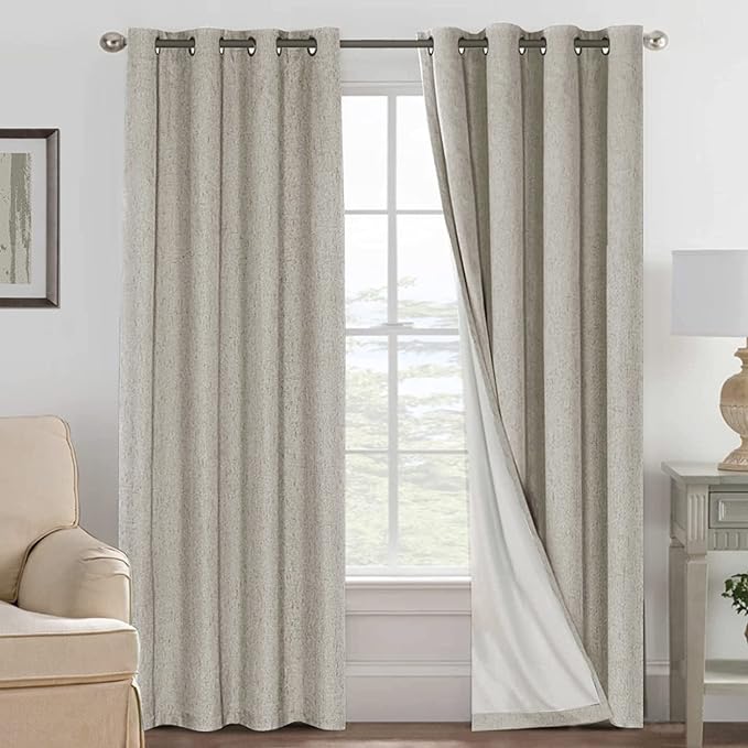 H.VERSAILTEX Linen Blackout Curtains 108 Inches Long 100% Blackout Thermal Insulated Textured Linen Look Curtain Draperies Anti-Rust Grommet, Energy Saving with White Liner, 2 Panels, Stone