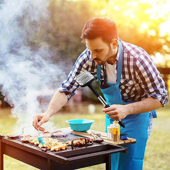 Hairless Grill Brush Set, with Scraper Heat-Resistant Cloth Brush Head and Stainless Steel Spring Brush Head Removable and Replaceable,Suitable for Cast Iron and Stainless Steel Grates