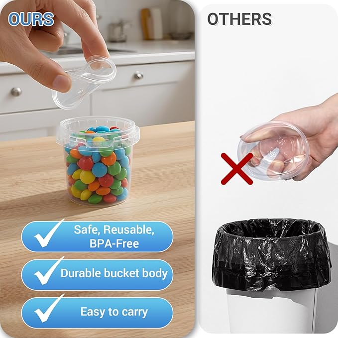 ASEVAT 5 oz 6 Pack Airtight Small Plastic Bucket with Lid, Mini Snack Buckets, Reusable Ice Cream Tub, Food Storage Container, Food Grade Freezer and Microwave Safe for Sauce, Soup