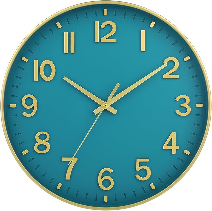 HZDHCLH Teal and Gold Wall Clocks Battery Operated 12 inch Silent Non Ticking Modern Wall Clock for Living Room Bedroom Kitchen Office Decor
