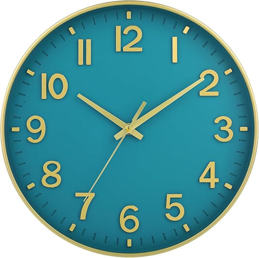 HZDHCLH Teal and Gold Wall Clocks Battery Operated 12 inch Silent Non Ticking Modern Wall Clock for Living Room Bedroom Kitchen Office Decor